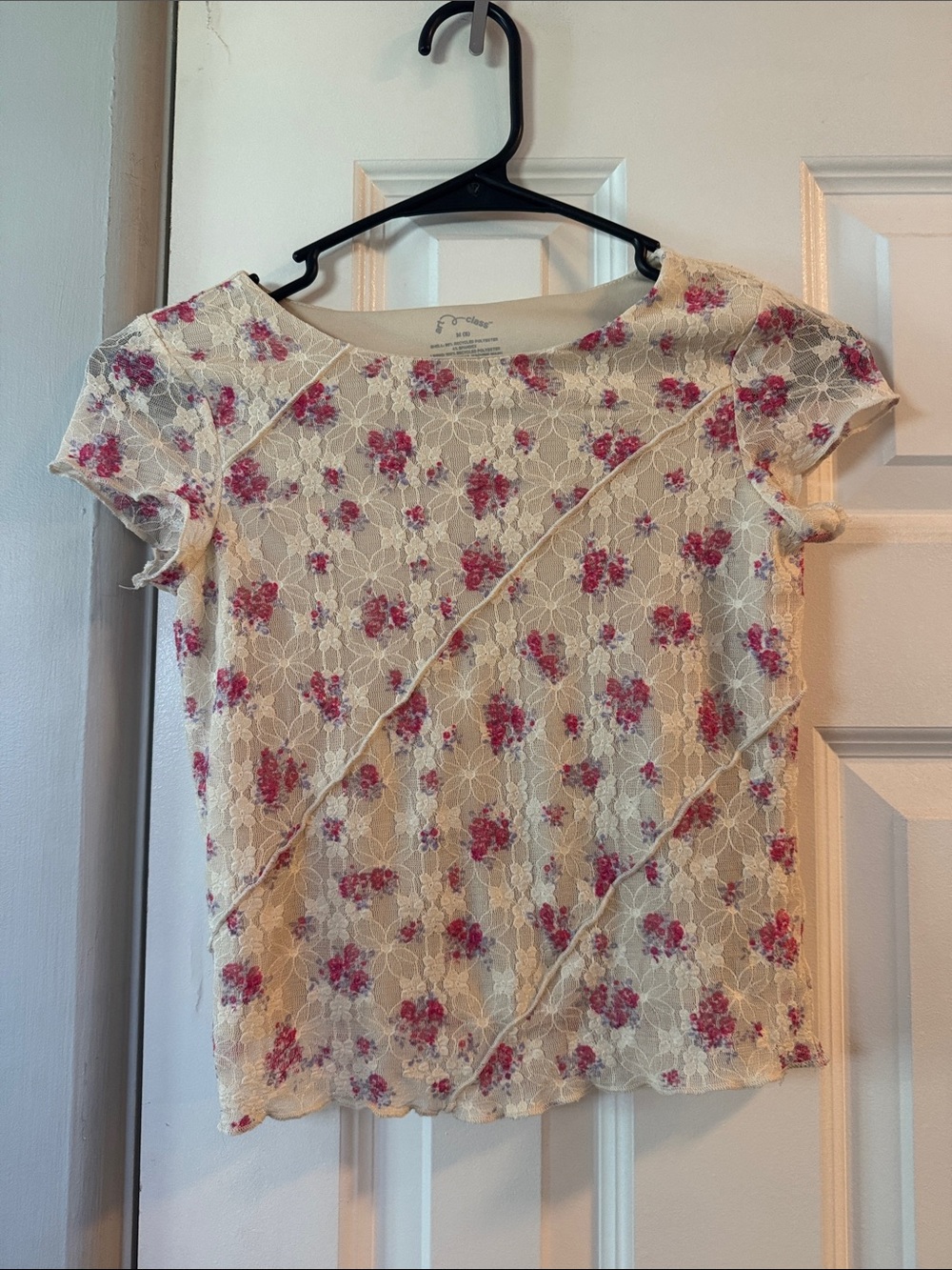 art class Cream Lace Short Sleeve Top with Pink Floral Print